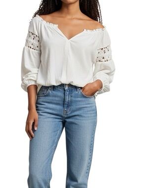 Lucky Brand Off White Peasant Top with Lace Sleeves